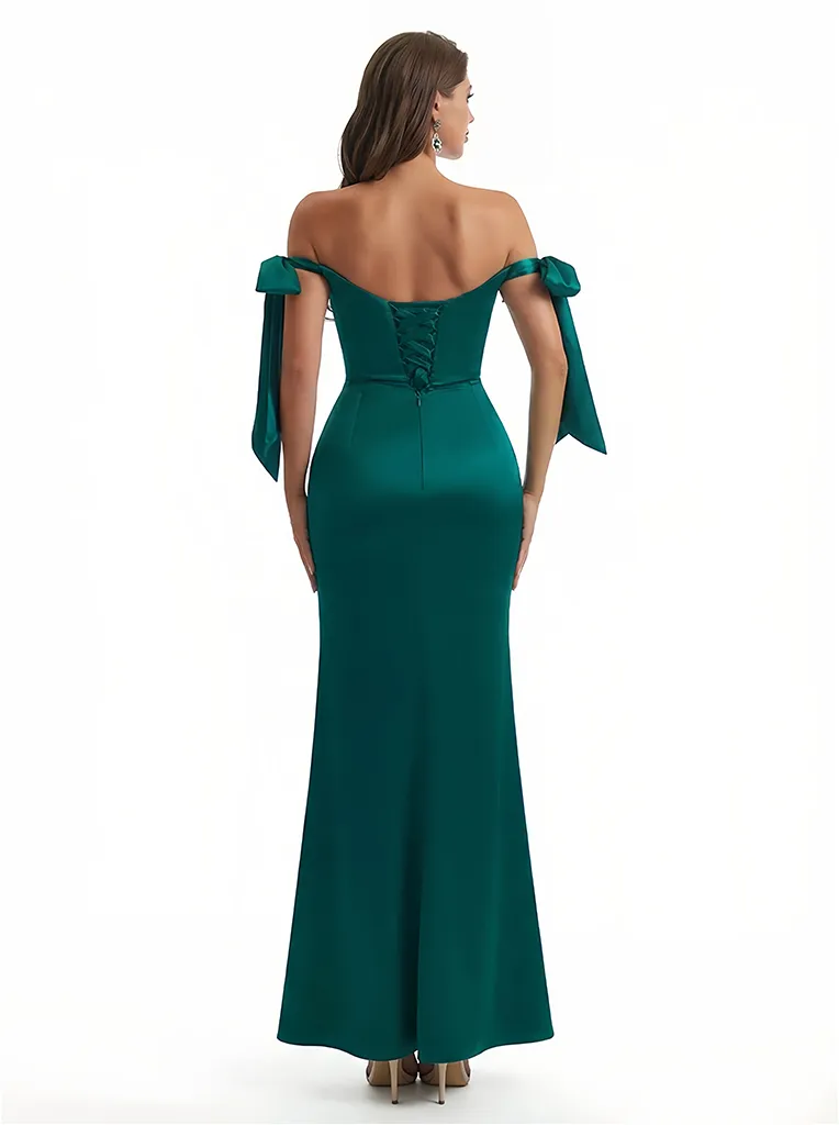 Sexy Off Shoulder Beading Ruched Satin Mermaid Silky Satin Long Formal Dresses Side Slit sold by ChicSew product image thumbnail 2