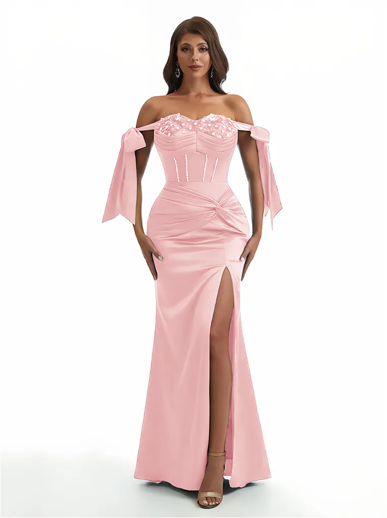 Sexy Off Shoulder Beading Ruched Satin Mermaid Silky Satin Long Formal Dresses Side Slit sold by ChicSew product image thumbnail 5