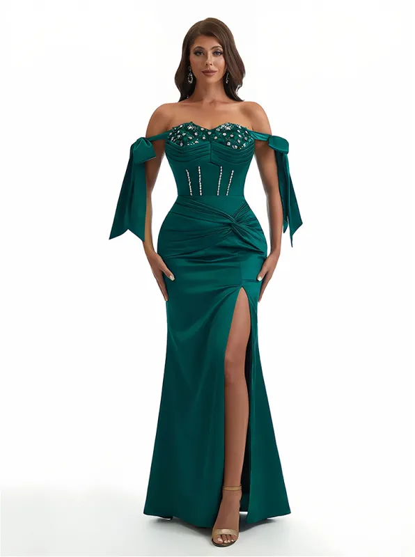 Sexy Off Shoulder Beading Ruched Satin Mermaid Silky Satin Long Formal Dresses Side Slit sold by ChicSew