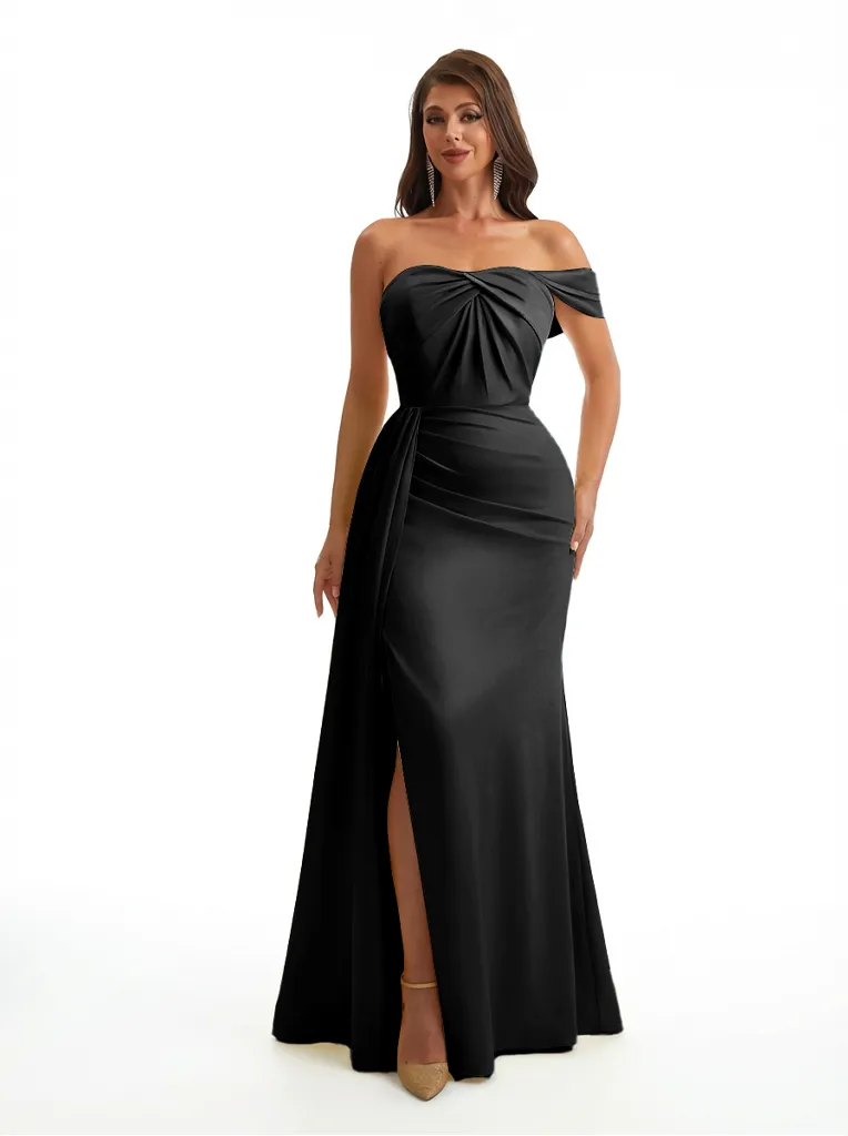 Modern One Shoulder Ruched Mermaid Silky Satin Maxi Formal Dresses Side Slit sold by ChicSew product image thumbnail 3