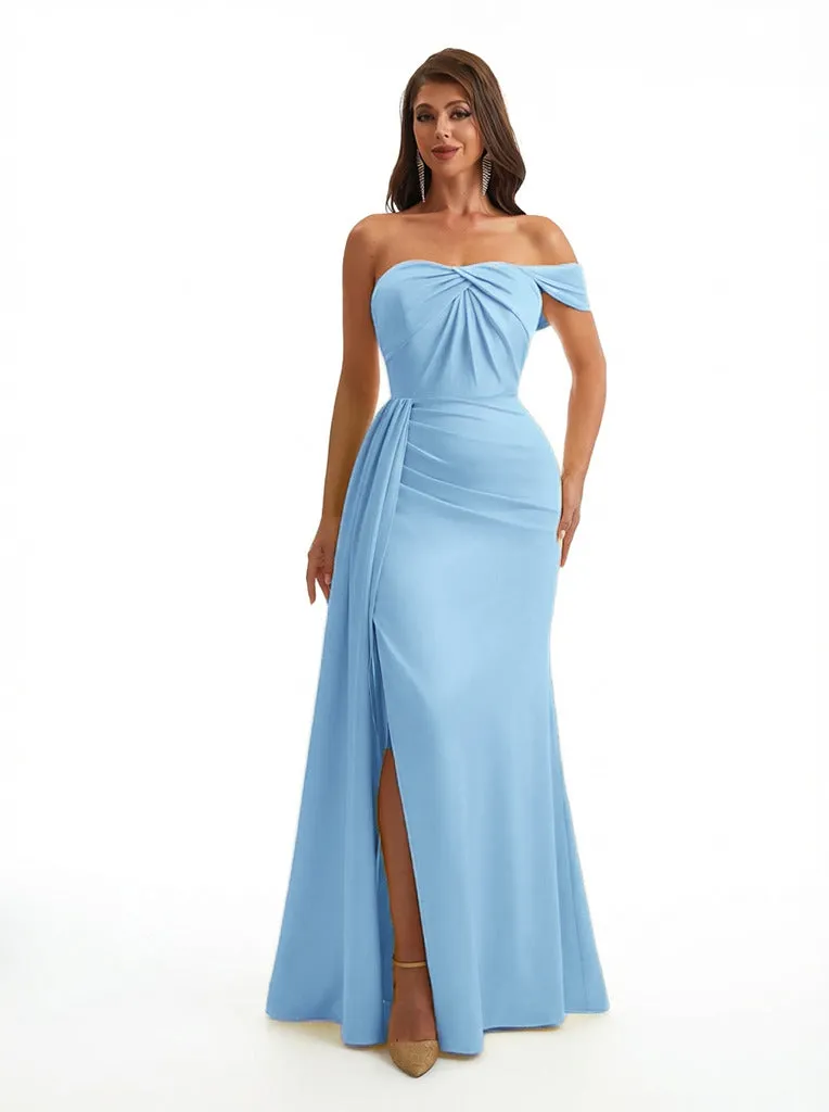 Modern One Shoulder Ruched Mermaid Silky Satin Maxi Formal Dresses Side Slit sold by ChicSew product image thumbnail 4