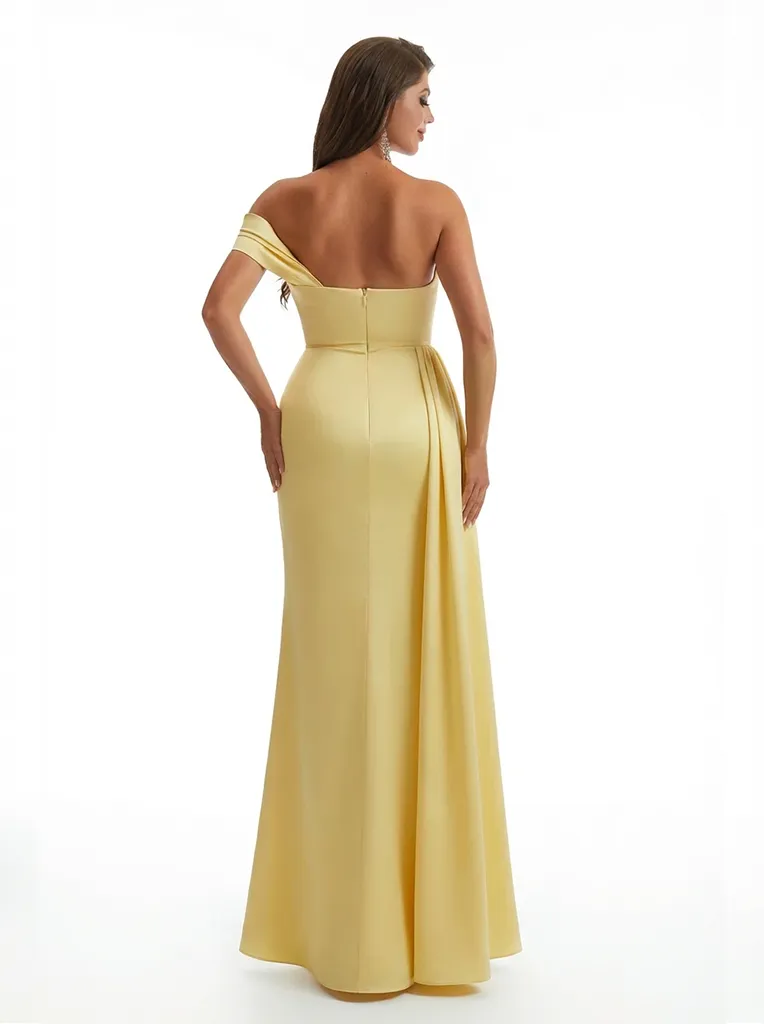 Modern One Shoulder Ruched Mermaid Silky Satin Maxi Formal Dresses Side Slit sold by ChicSew product image thumbnail 2