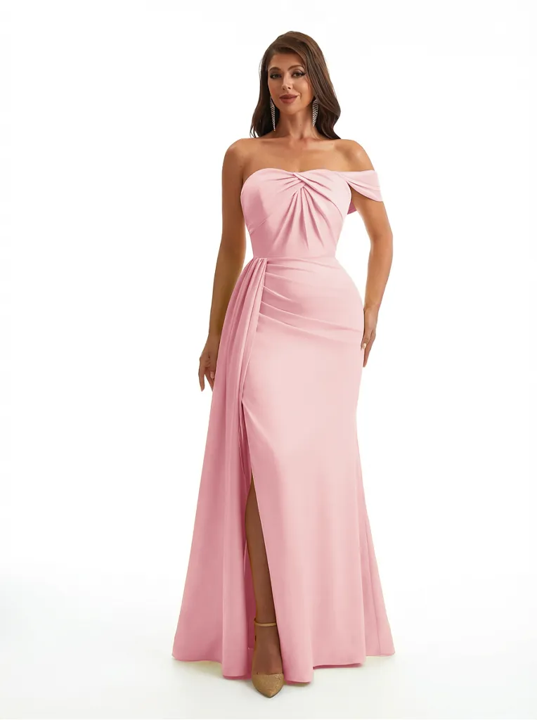 Modern One Shoulder Ruched Mermaid Silky Satin Maxi Formal Dresses Side Slit sold by ChicSew product image thumbnail 5