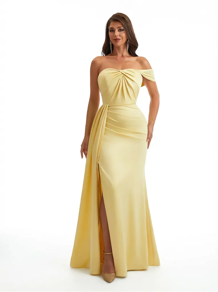 Modern One Shoulder Ruched Mermaid Silky Satin Maxi Formal Dresses Side Slit sold by ChicSew