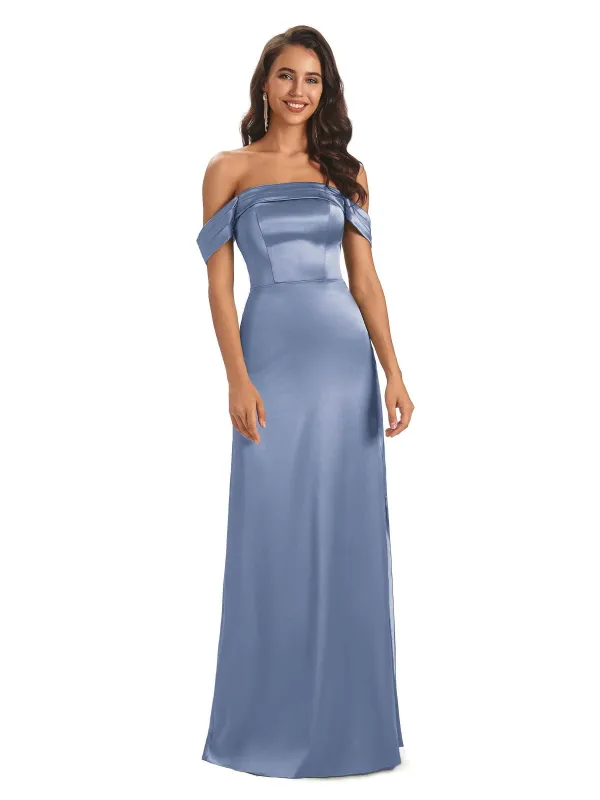 Simple Silky Satin Off The Shoulder Long Unique Nice Formal Evening Dresses sold by ChicSew
