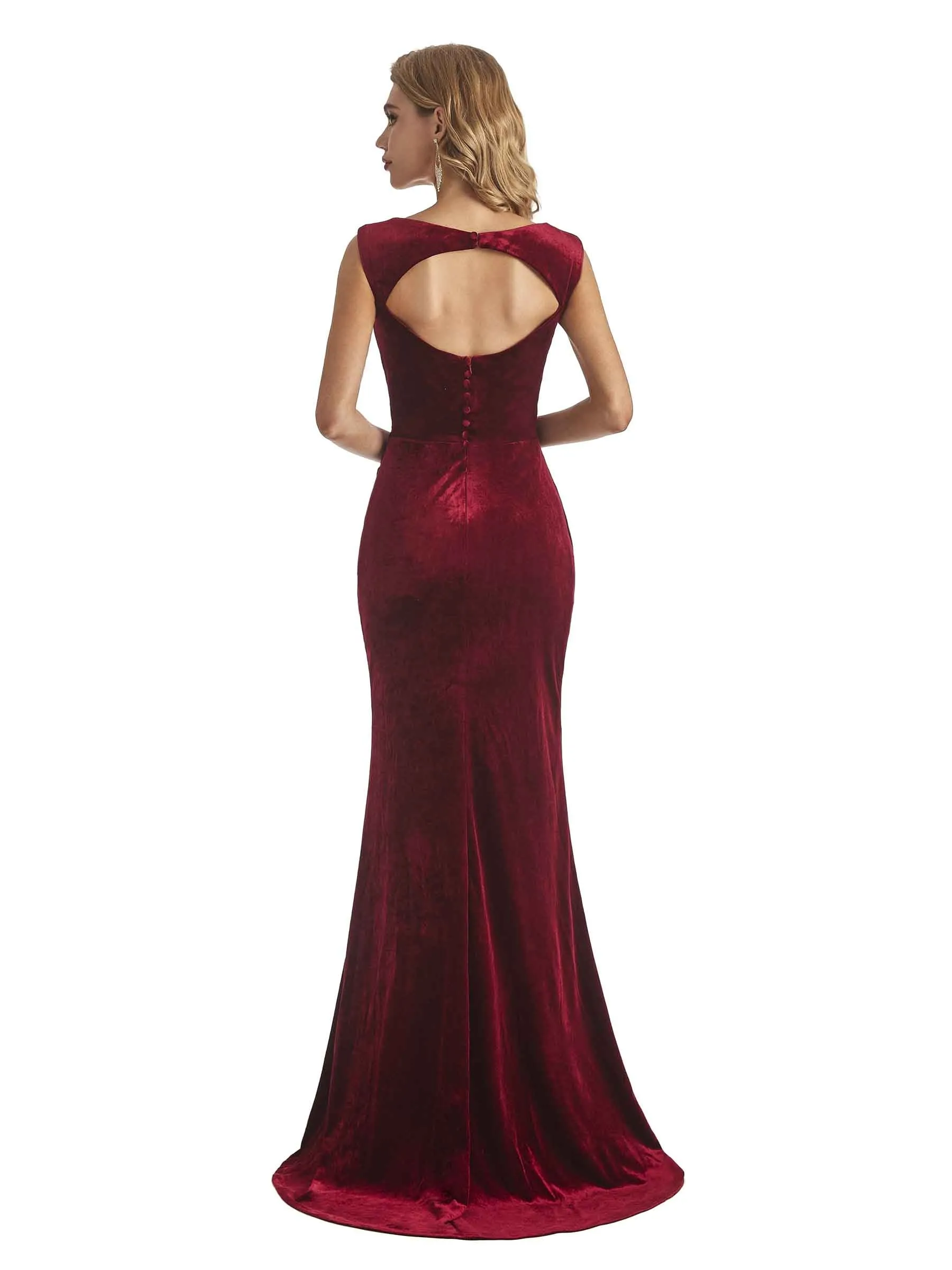Sexy Open Back Mermaid Velvet Jewel Maxi Long Formal Evening Dresses For Women Slit sold by ChicSew product image thumbnail 3
