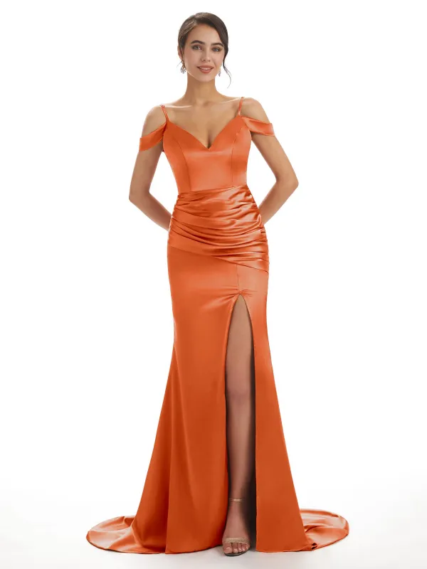 Sexy Cold Shoulder Soft Satin Side Slit Long Mermaid Fancy Wedding Guest Dresses sold by ChicSew