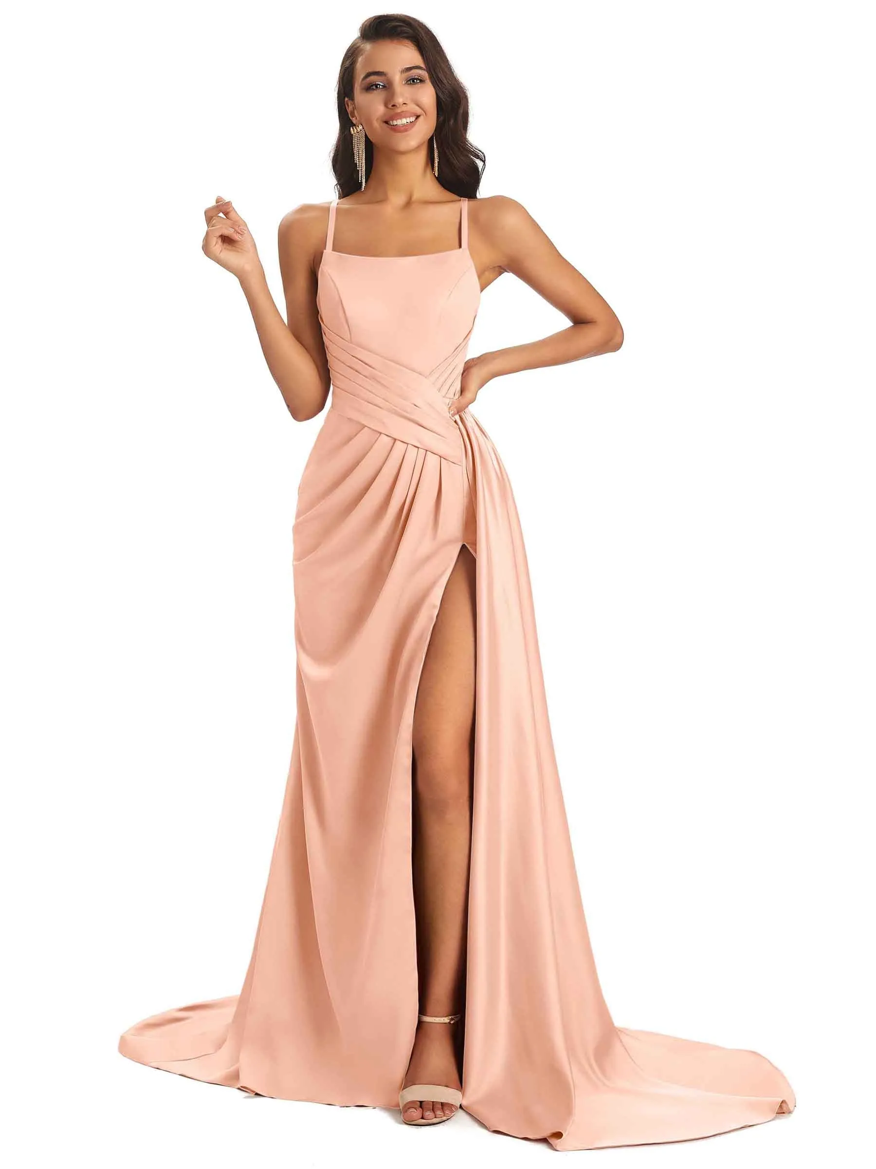 Sexy Ruched Satin Unique Long Evening Dresses For Women Side Slit Spaghetti Straps sold by ChicSew