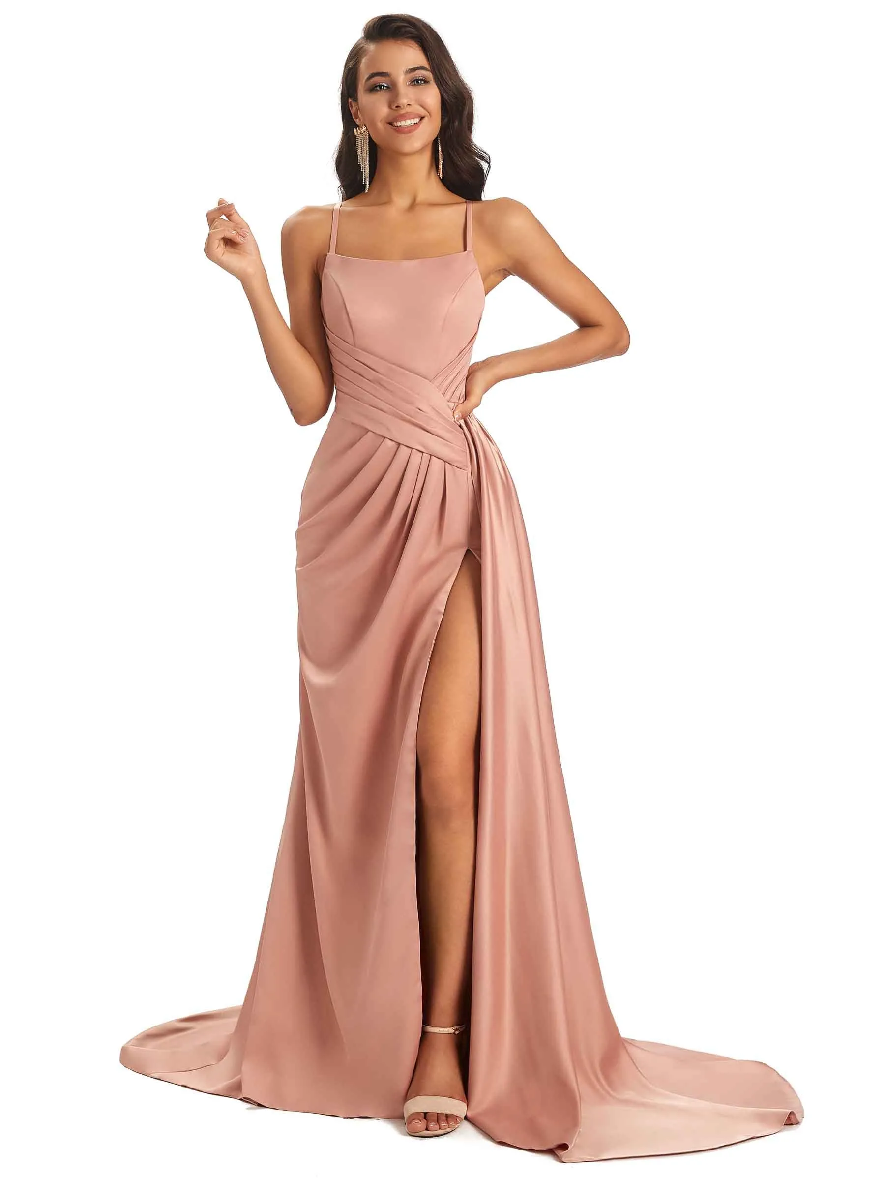 Sexy Ruched Satin Unique Long Evening Dresses For Women Side Slit Spaghetti Straps sold by ChicSew product image thumbnail 5