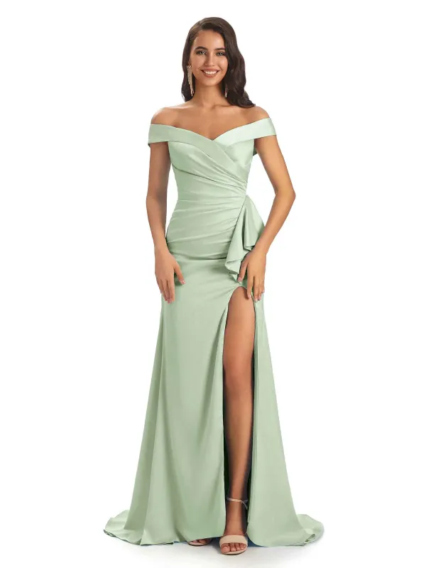 Sexy Soft Satin Side Slit Off- Shoulder Long Mermaid Wedding Bridesmaid Dresses Sale sold by ChicSew