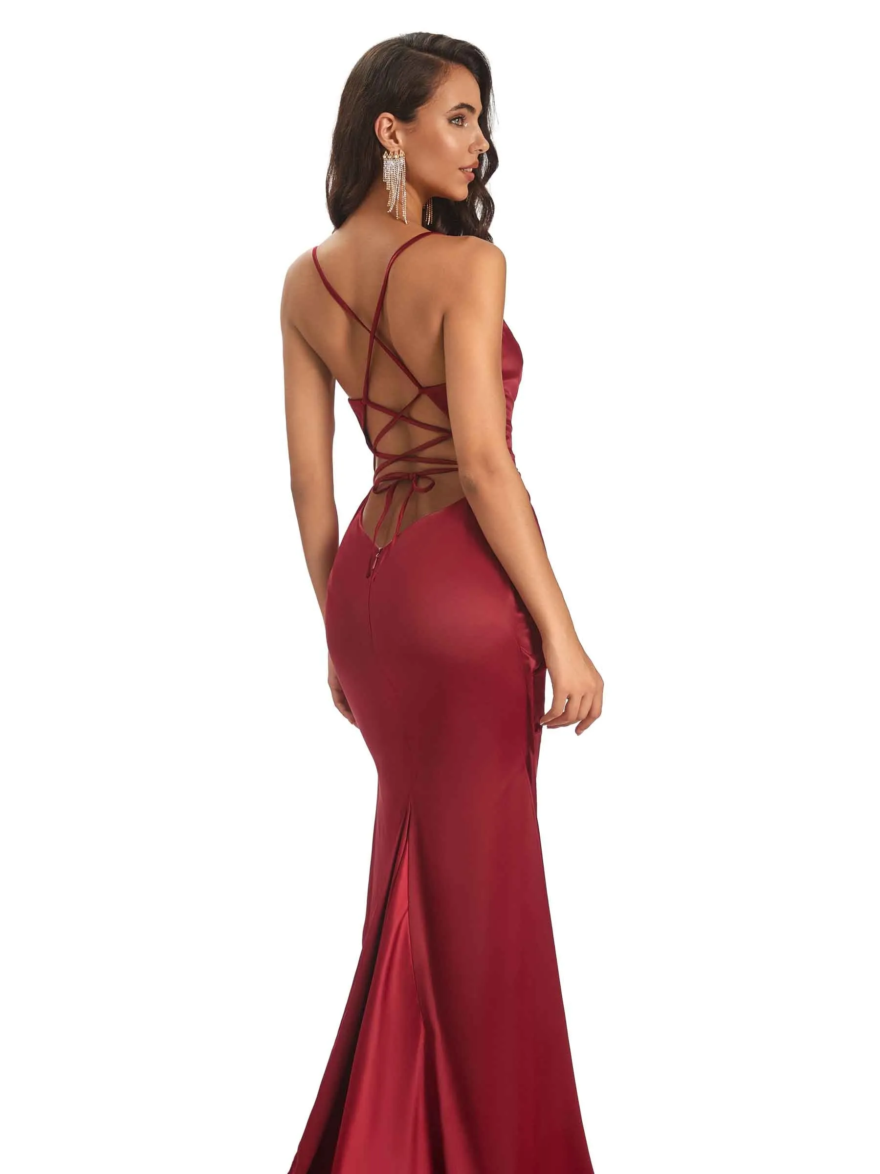 Women Ruched Satin Long Sexy Mermaid Formal Evening Dresses Side Slit Spaghetti Straps sold by ChicSew product image thumbnail 5