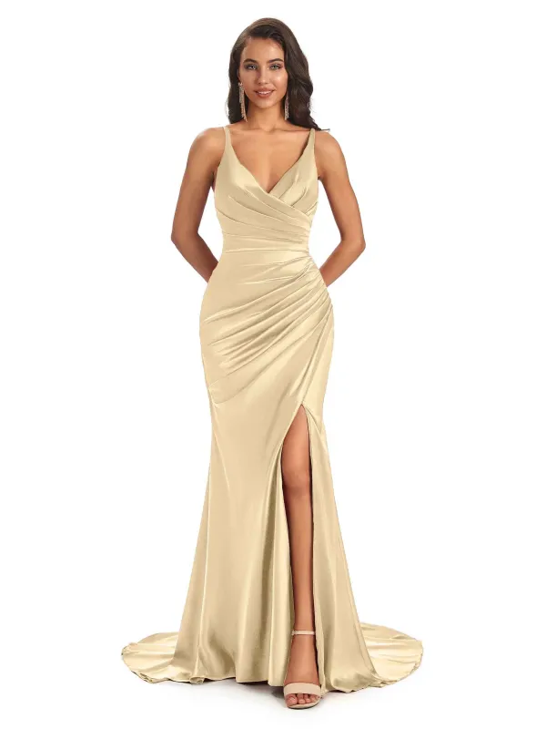 Soft Satin Side Slit Spaghetti Straps Long Sexy Mermaid Wedding Attendee Dresses sold by ChicSew