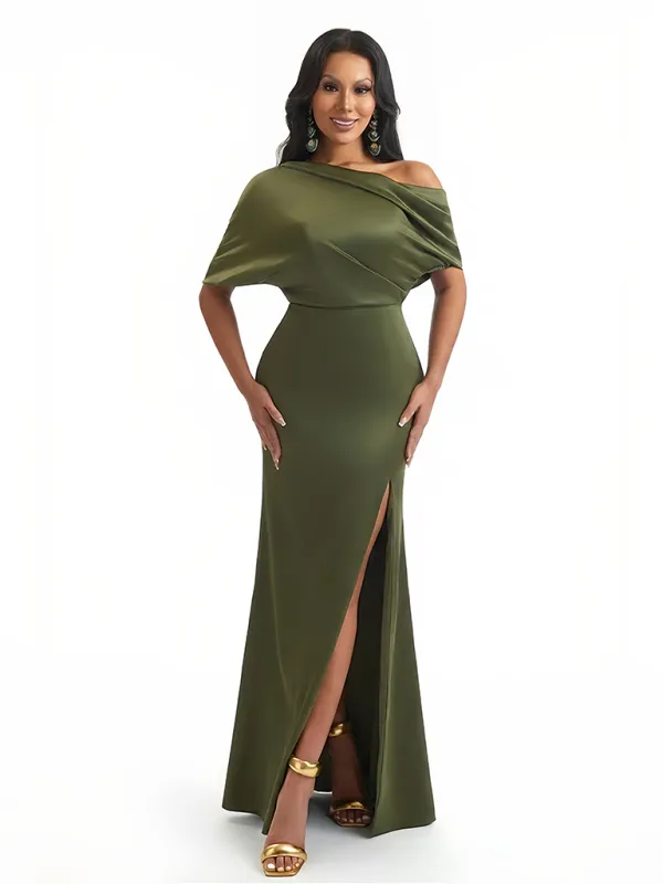 Women's Asymmetrical Mermaid Soft Satin Long Formal Dresses Side Slit sold by ChicSew