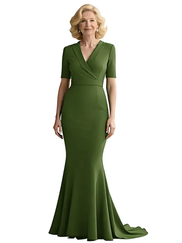 Modern Mermaid Short Sleeves Long Satin Mother of the Brides Dresses V-neck sold by ChicSew