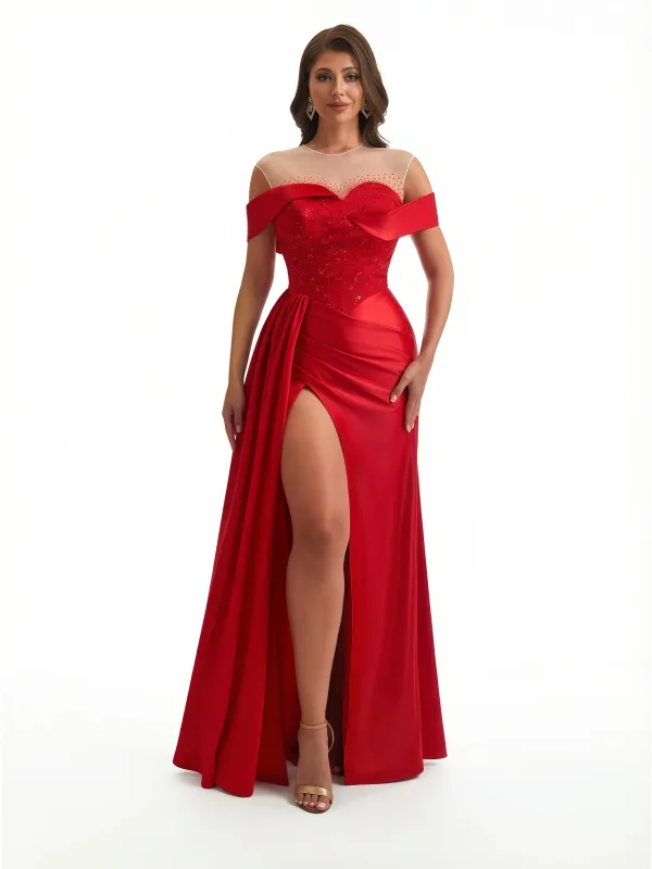Sexy Off The Shoulder Illusion Beaded Mermaid Ruched Satin Long Formal Dresses Side Slit sold by ChicSew