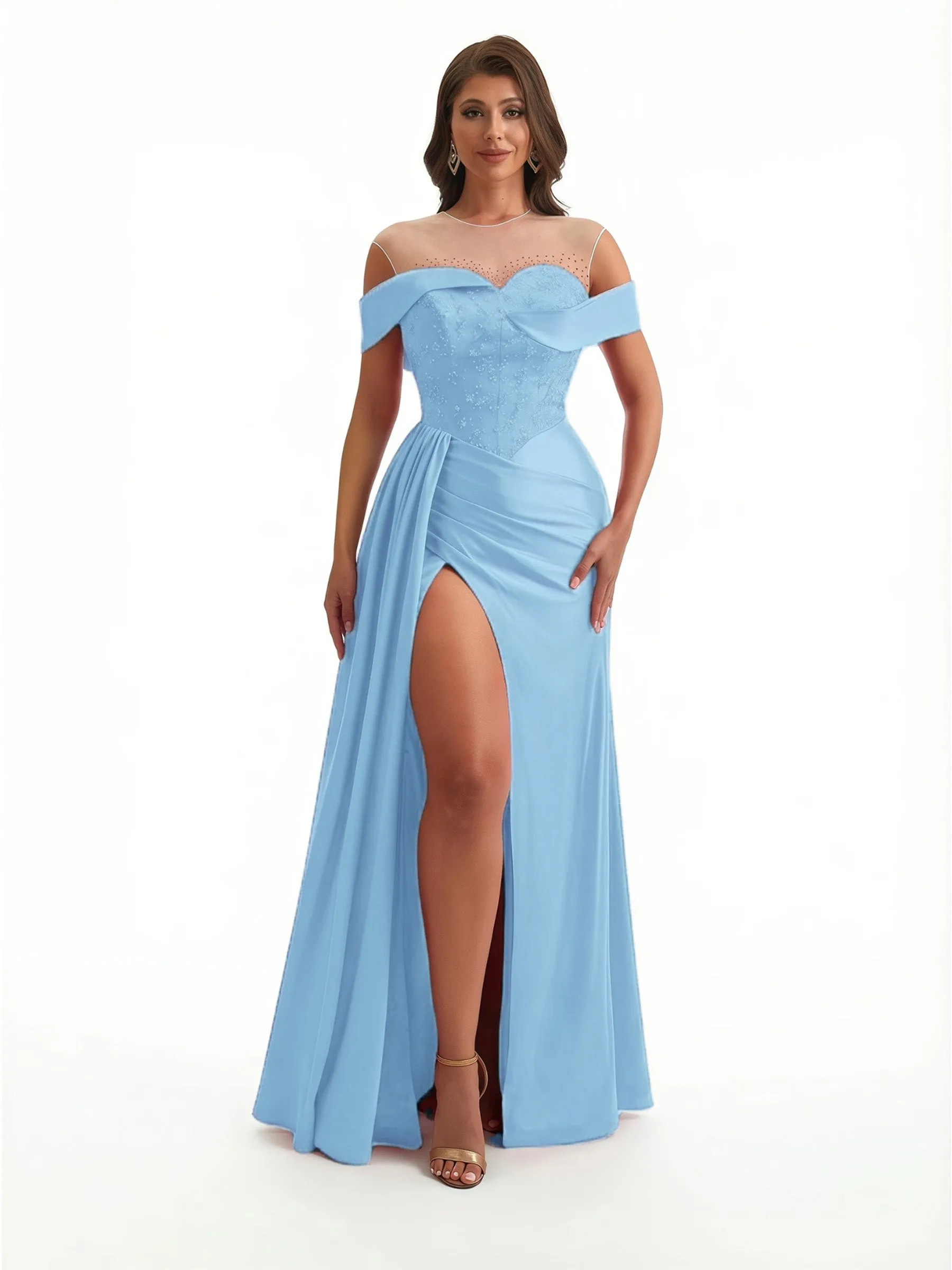 Sexy Off The Shoulder Illusion Beaded Mermaid Ruched Satin Long Formal Dresses Side Slit sold by ChicSew product image thumbnail 4