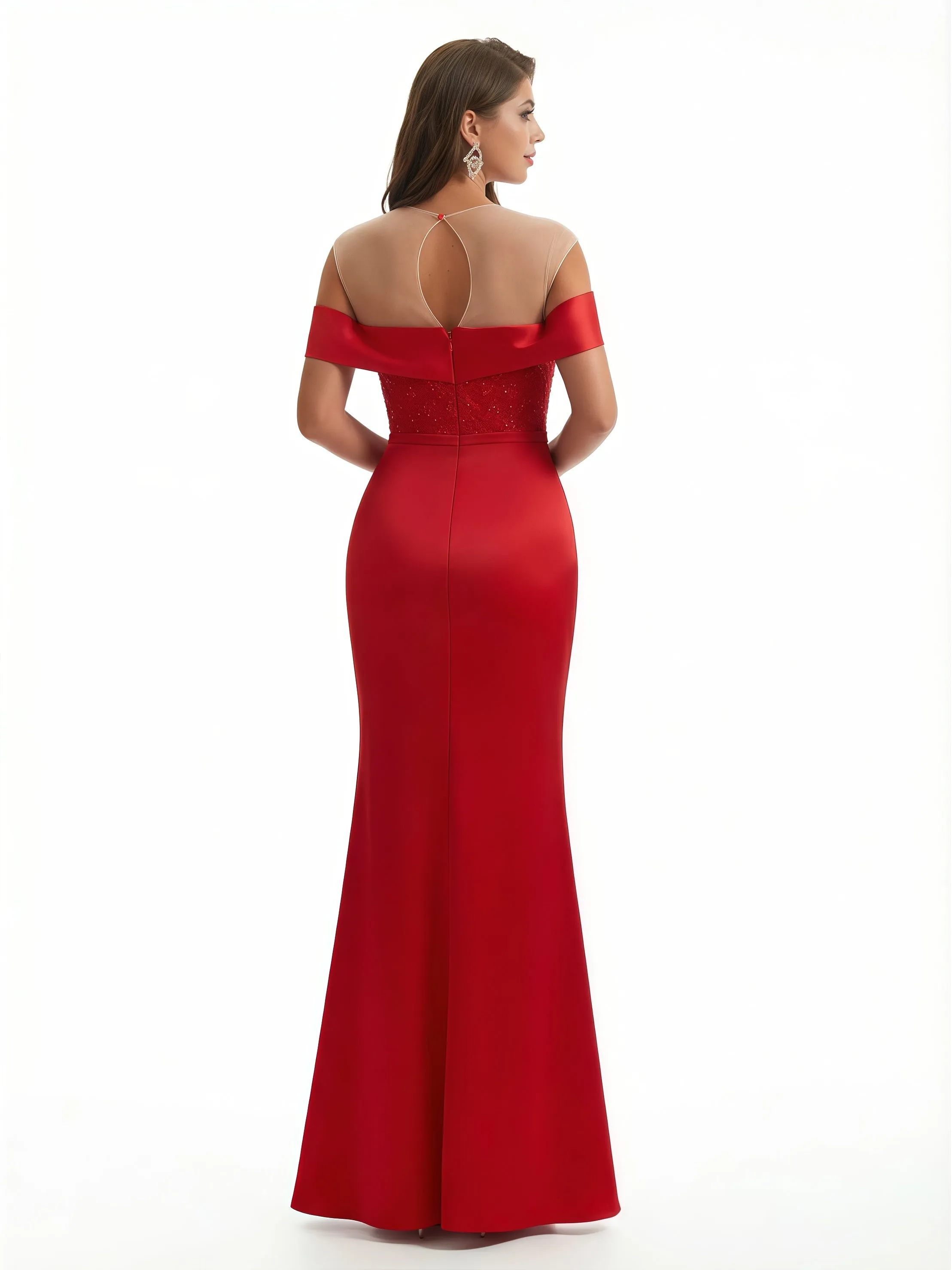 Sexy Off The Shoulder Illusion Beaded Mermaid Ruched Satin Long Formal Dresses Side Slit sold by ChicSew product image thumbnail 2