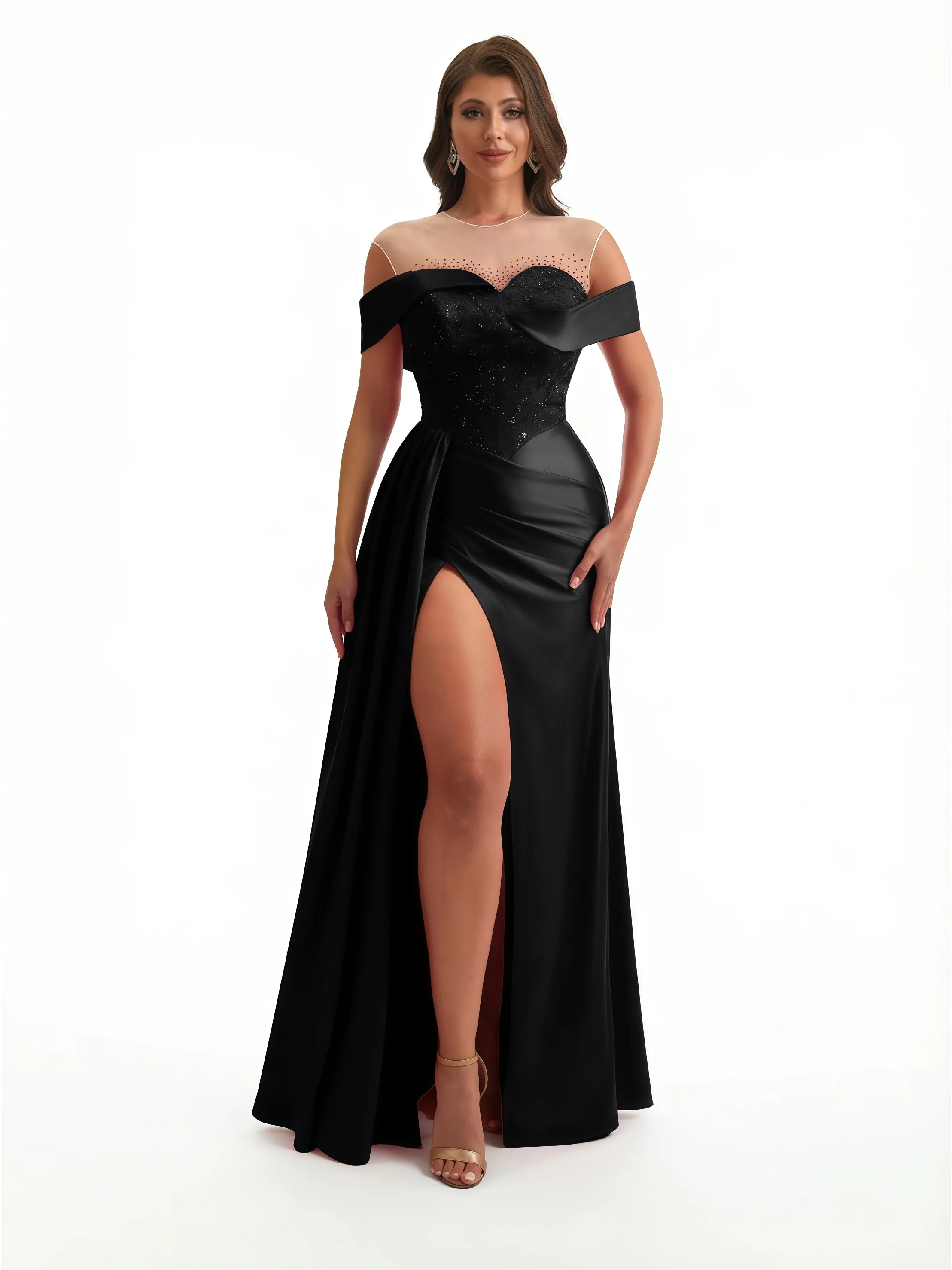 Sexy Off The Shoulder Illusion Beaded Mermaid Ruched Satin Long Formal Dresses Side Slit sold by ChicSew product image thumbnail 3