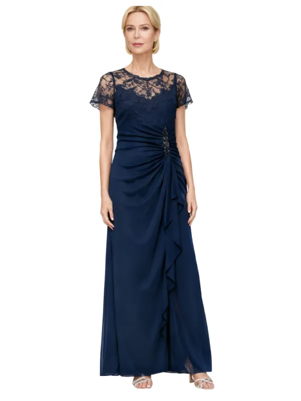 Elegant Illusion Short Sleeves Lace Chiffon A-line Long Mother of The Bride Dresses sold by ChicSew