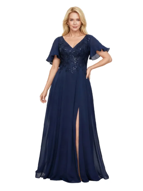 Elegant V-Neck Flutter Sleeve Lace Chiffon A-line Long Mother of The Bride Dresses Side Slit sold by ChicSew