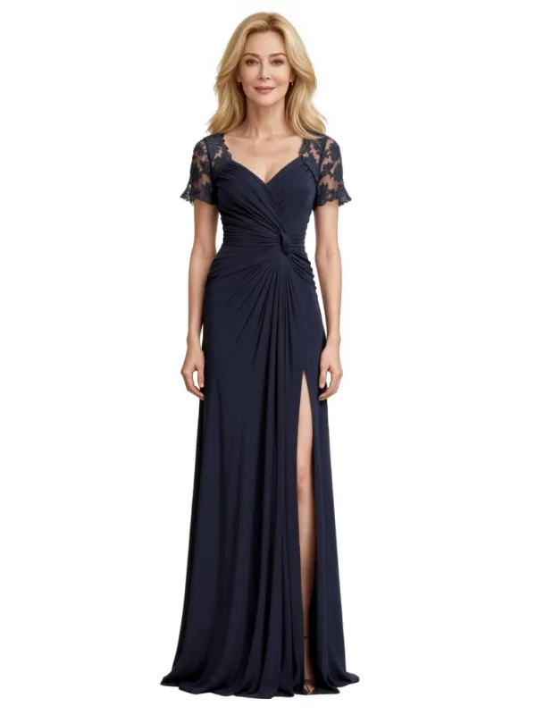 Elegant Short Sleeves V-Neck Lace Chiffon A-line Long Mother of The Bride Dresses sold by ChicSew