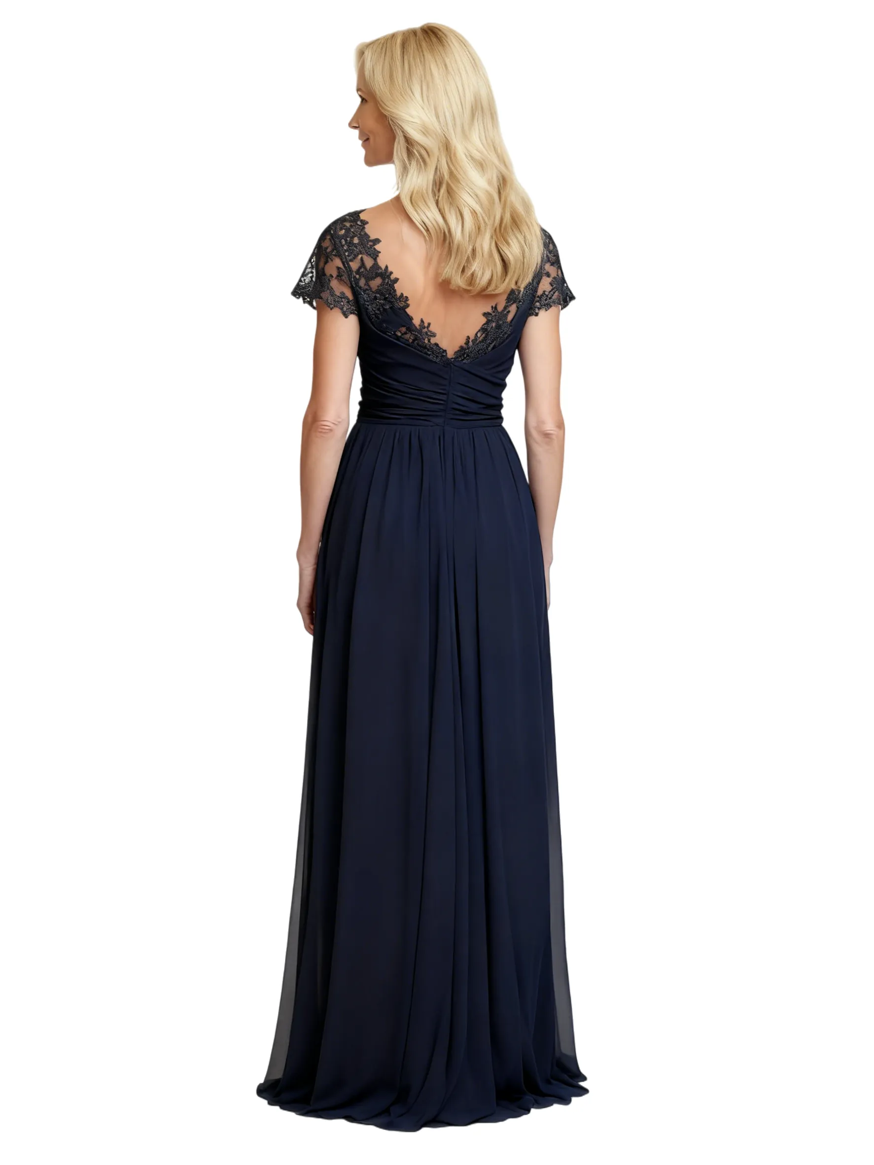 Elegant Short Sleeves V-Neck Lace Chiffon A-line Long Mother of The Bride Dresses sold by ChicSew product image thumbnail 2