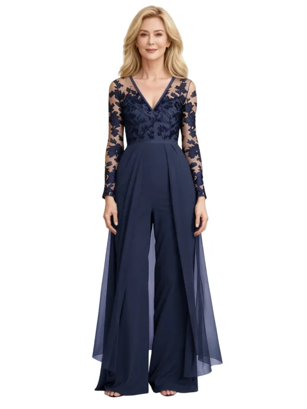 Elegant V-neck Long Sleeves Lace Chiffon Women's Pantsuits For Mother of The Bride sold by ChicSew
