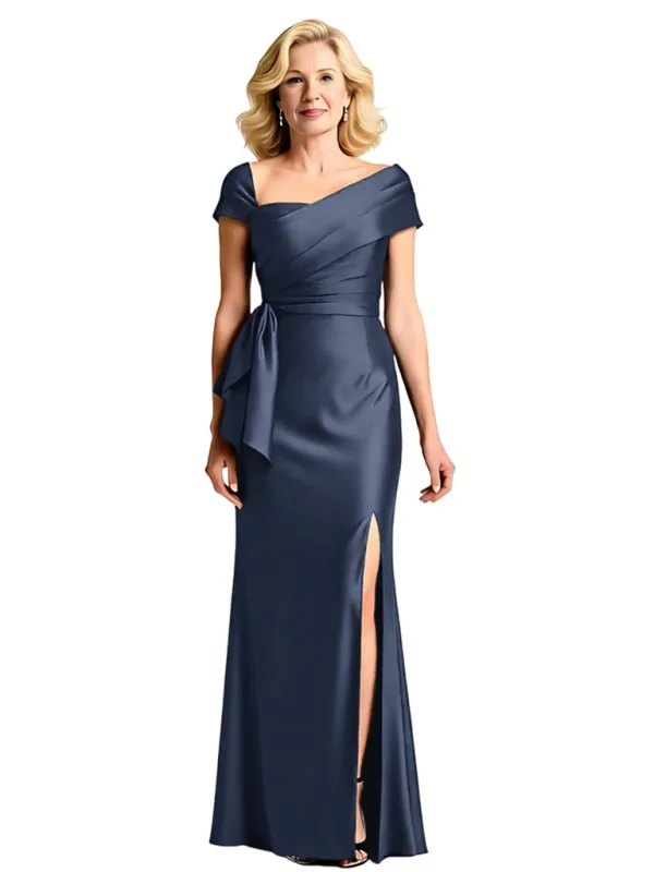 Elegant Mermaid Asymmetrical Satin Cap Sleeves Mother of the Brides Dresses Slit sold by ChicSew