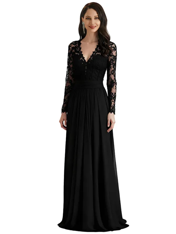Elegant Chiffon V-neck Long Sleeves Lace Long Mother of The Bride Dresses sold by ChicSew