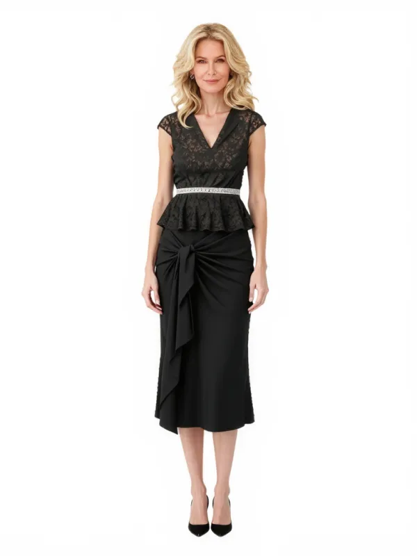 Elegant Stretchy Crepe Lace Applique V-Neck Midi Mother Of The Bride Dresses sold by ChicSew