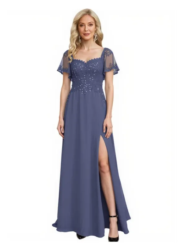 Elegant Square Lace Short Sleeves Chiffon A-Line Mother Of The Bride Dresses Online sold by ChicSew