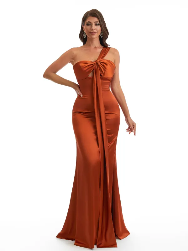 Elegant One Shoulder Mermaid Satin Ruched Unique Long Bridesmaid Dresses sold by ChicSew