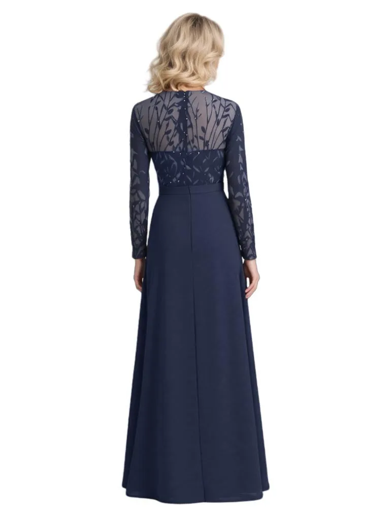 Modern Illusion Long Sleeves Lace Chiffon Mother Of The Bride Dresses Side Slit A-Line sold by ChicSew product image thumbnail 3