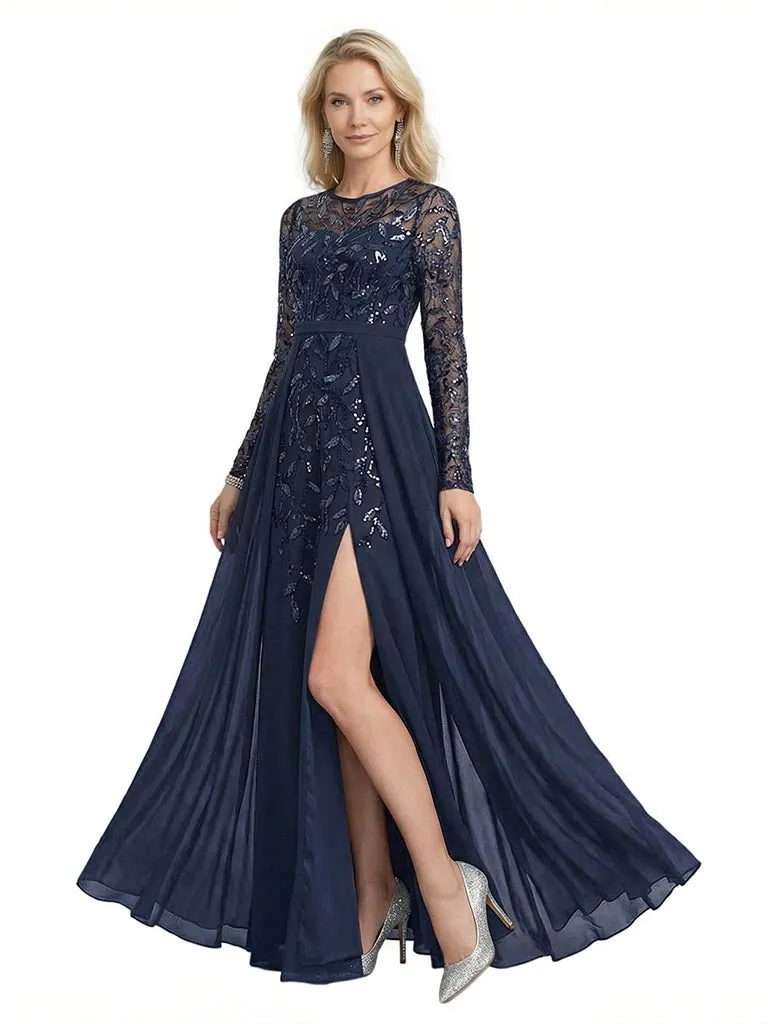 Modern Illusion Long Sleeves Lace Chiffon Mother Of The Bride Dresses Side Slit A-Line sold by ChicSew product image thumbnail 2