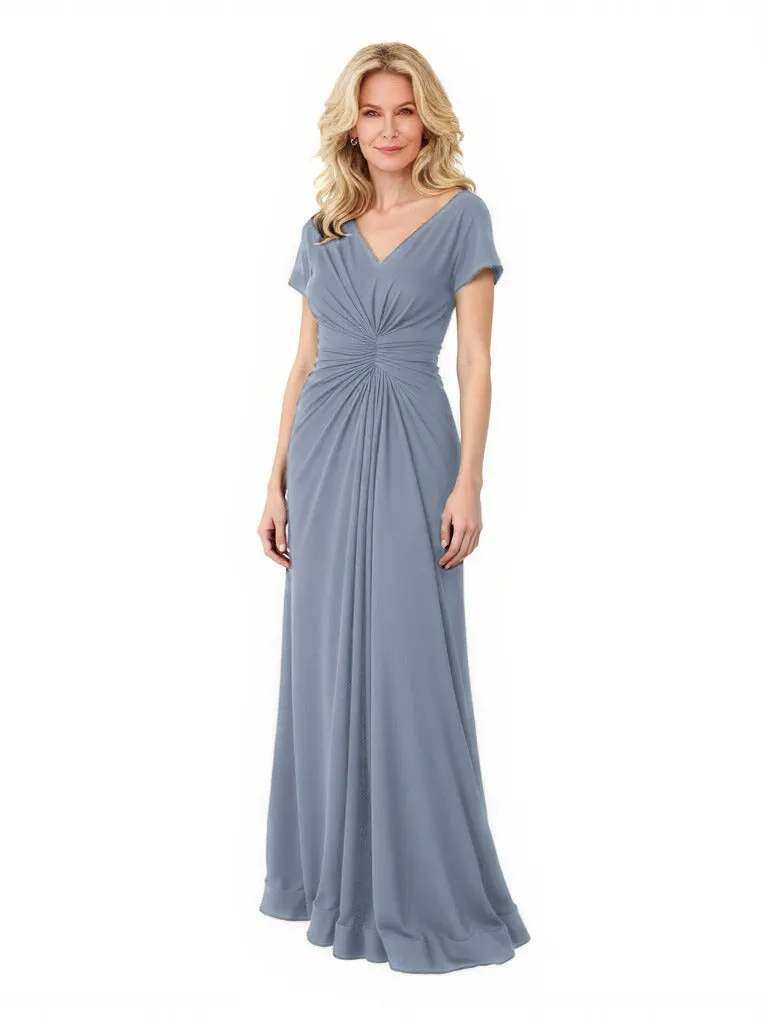 Elegant Chiffon Short Sleeves V-Neck A-Line Ruched Long Mother of The Bride Dresses sold by ChicSew