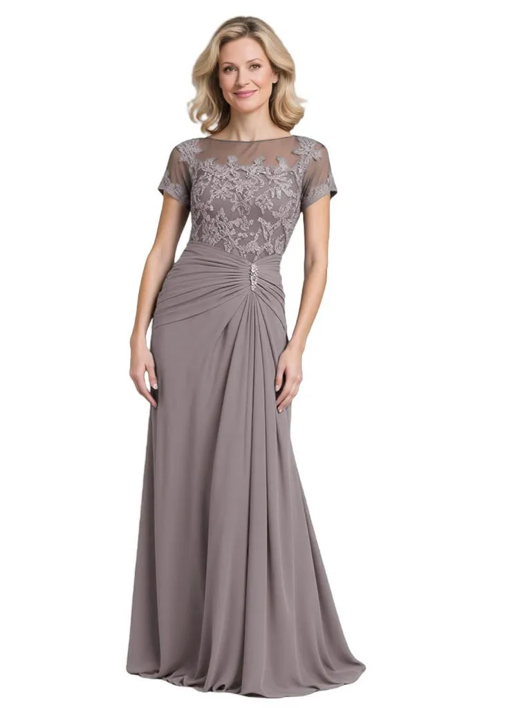 Elegant Chiffon Lace Illusion Short Sleeves A-Line Floor Length Mother Of The Bride Dresses sold by ChicSew