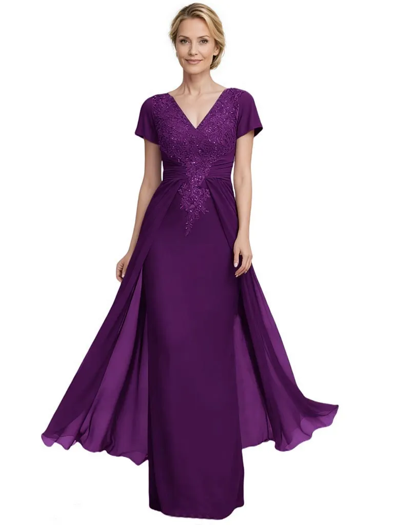 Elegant Chiffon Lace Short Sleeves V-Neck A-Line Mother Of The Bride Dresses sold by ChicSew