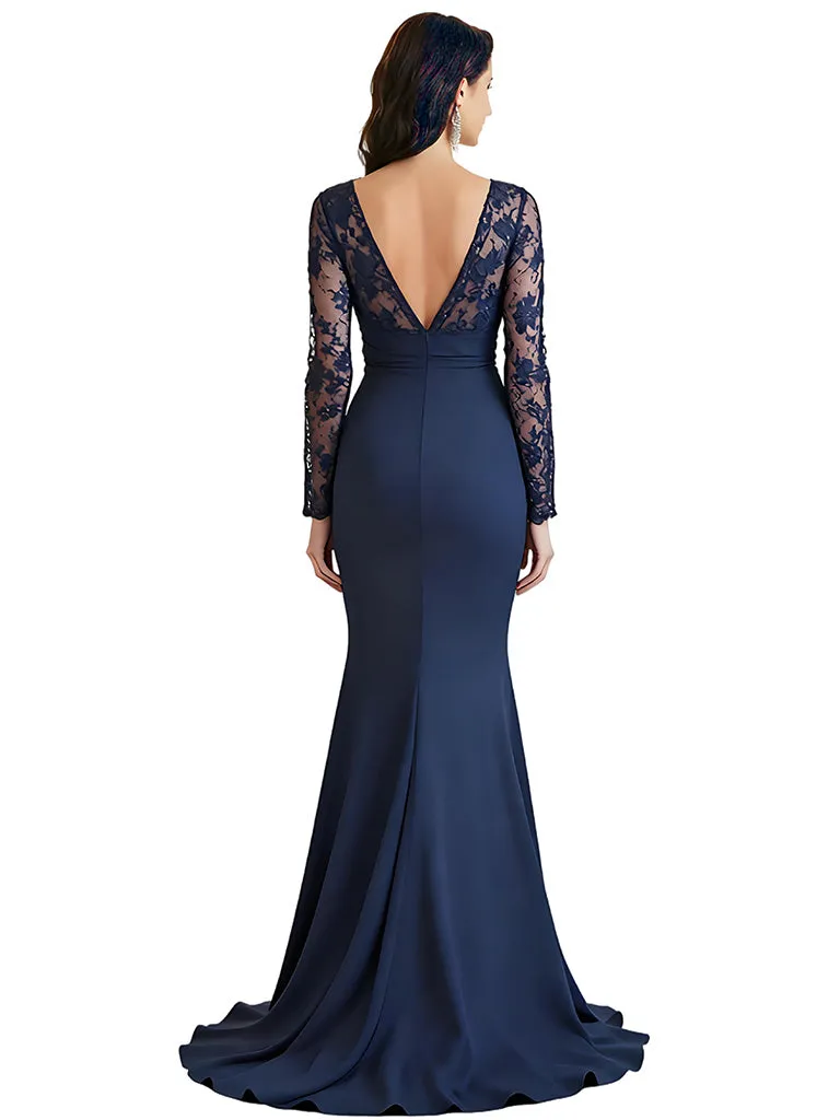 Elegant V-neck Long Sleeves Mermaid Slit Ruffles Crepe Mother Of The Bride Dresses sold by ChicSew product image thumbnail 2