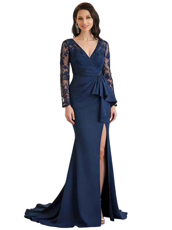 Elegant V-neck Long Sleeves Mermaid Slit Ruffles Crepe Mother Of The Bride Dresses sold by ChicSew