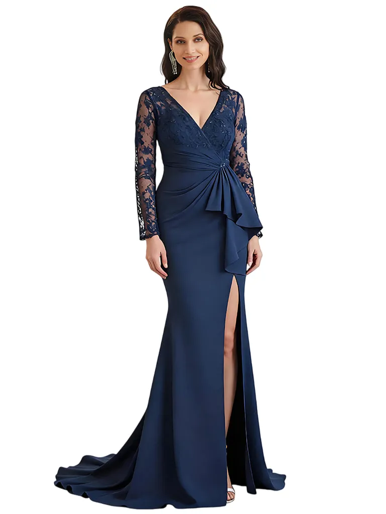 Elegant V-neck Long Sleeves Mermaid Slit Ruffles Crepe Mother Of The Bride Dresses sold by ChicSew