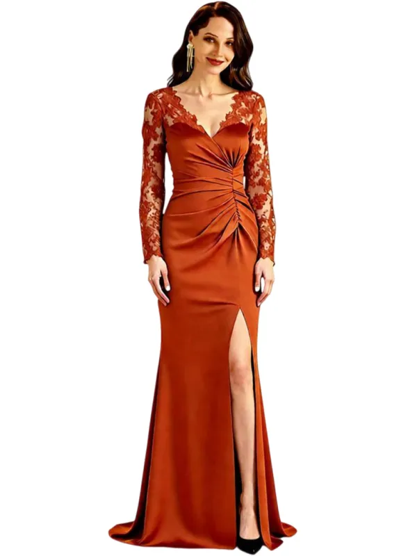 Elegant V-Neck Long Sleeves Satin Side Slit Long Mother of The Bride Dresses sold by ChicSew