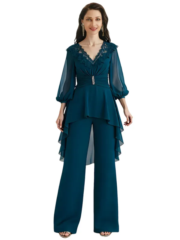 Elegant Lace V-neck 3/4 Sleeves Chiffon Jumpsuit For Long Mother Of The Bride sold by ChicSew