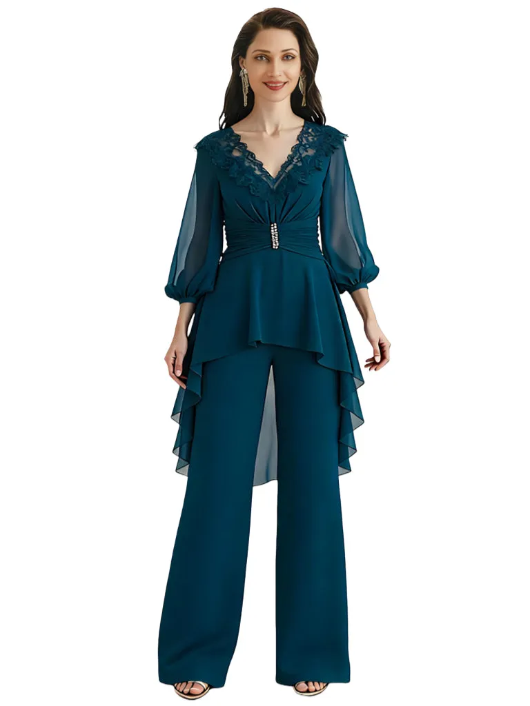 Elegant Lace V-neck 3/4 Sleeves Chiffon Jumpsuit For Long Mother Of The Bride sold by ChicSew