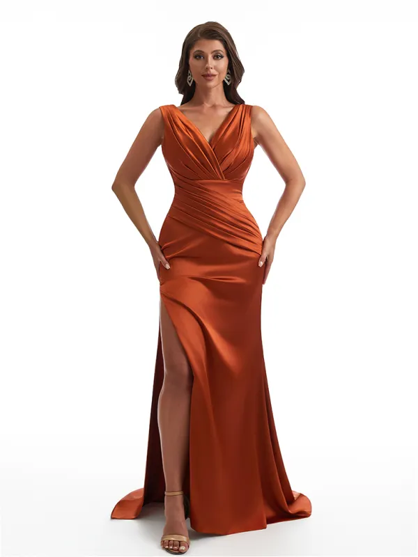 Sexy V-Neck Side Slit Mermaid Ruched Satin Long Bridesmaid Dresses Online sold by ChicSew