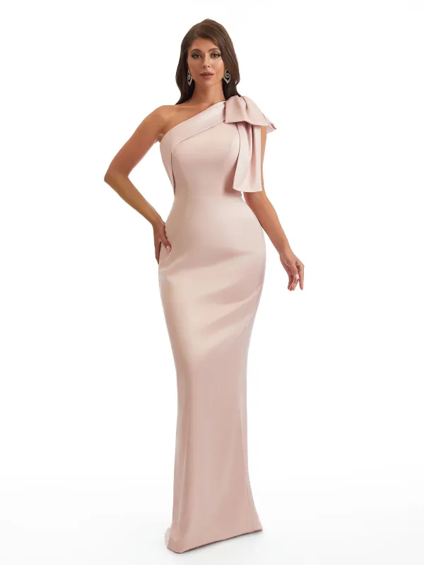 Elegant One Shoulder Mermaid Back Slit Soft Satin Long Bridesmaid Dresses Online sold by ChicSew