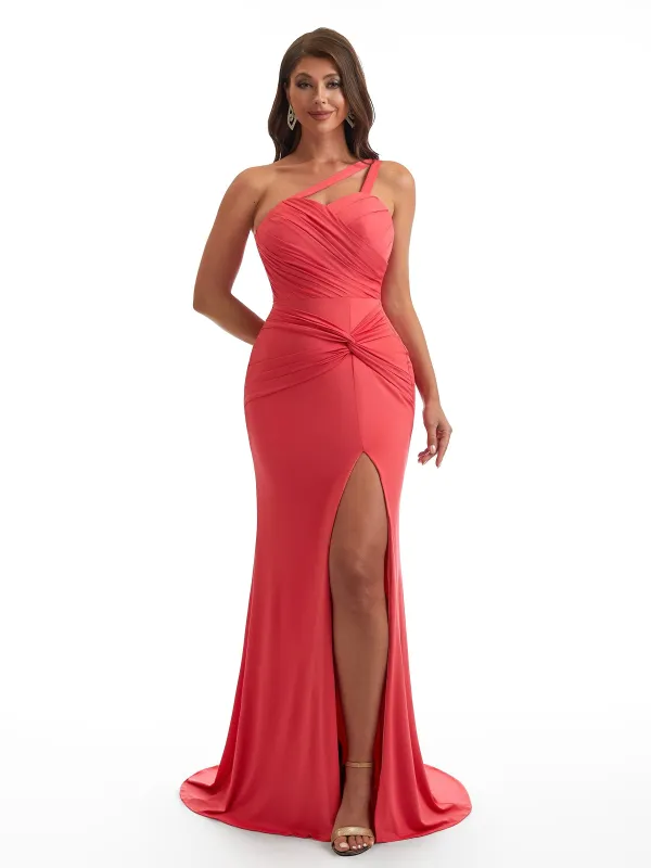 Sexy Mermaid One Shoulder Side Slit Stretchy Jersey Long Bridesmaid Dresses sold by ChicSew