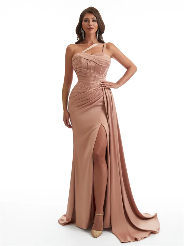Sexy One Shoulder Side Slit Mermaid Soft Satin Long Bridesmaid Dresses Online sold by ChicSew