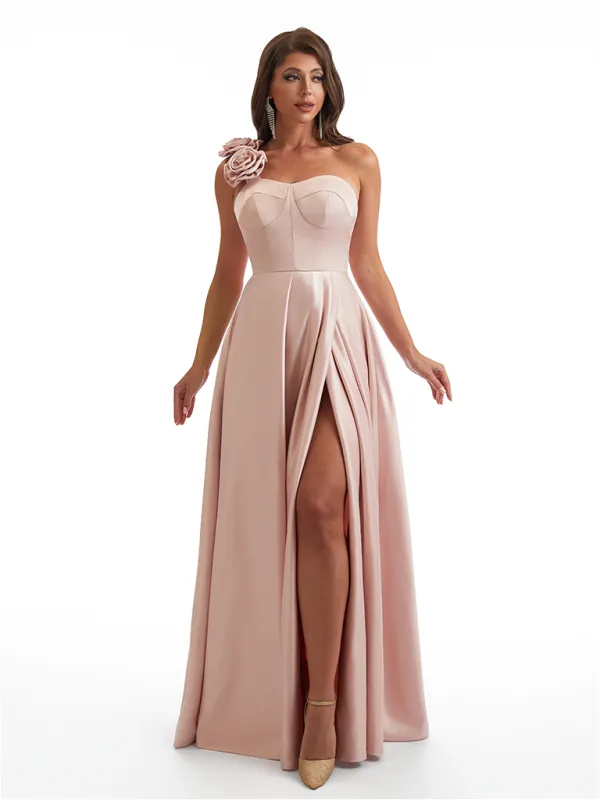 Sexy One Shoulder Side Slit A-Line Soft Satin Long Bridesmaid Dresses Online With Handmade Flower sold by ChicSew