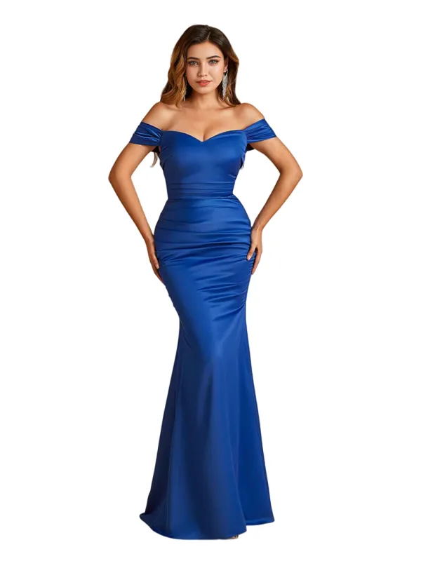 Sexy Off The Shoulder Ruched Mermaid Soft Satin Long Bridesmaid Dresses Online sold by ChicSew