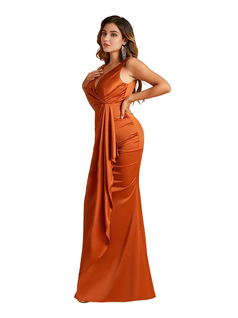 Elegant V-Neck Ruched Mermaid Satin Long Bridesmaid Dresses Online sold by ChicSew product image thumbnail 5